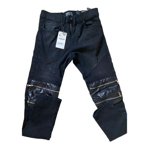 Zara Man Black Skinny Biker Jeans with Zippers Size 30 NWT - Picture 2 of 7